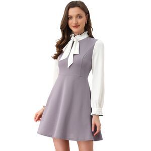 Contrast Color for Vintage Long Sleeve Tie Neck Dress Grey